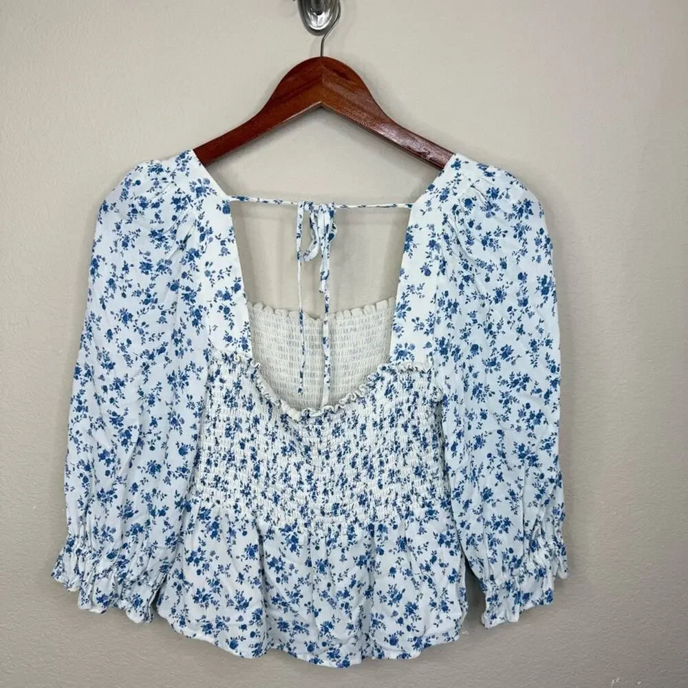 REFORMATION Braelyn Top Blue White Smocked Floral Pull On Spring Women’s Sz L